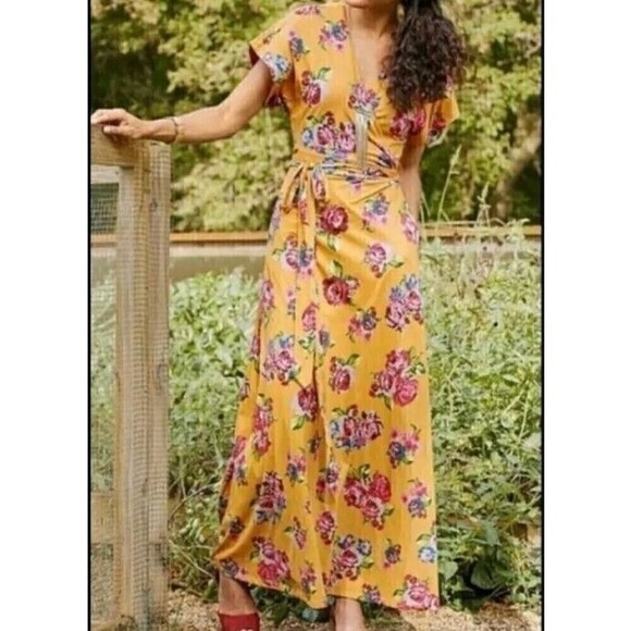 New Matilda Jane Alana Mustard Yellow Floral Wrap Maxi Dress S Boho Hippie Chic - Picture 1 of 11